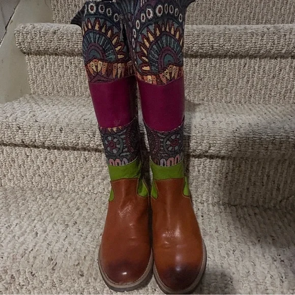Multicolor to the-Knee Women's Boots in Brown, Green & Magenta - Picture 1 of 6